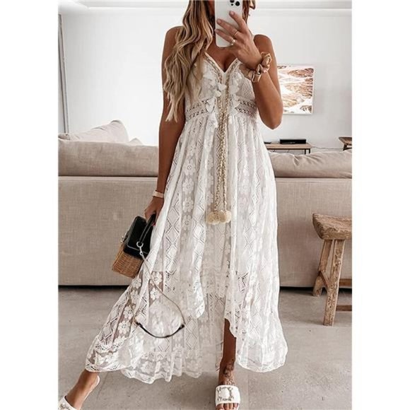 Summer Dress V Neck Spaghetti Strap Sleeveless High Waist A Boho White - Picture 4 of 7